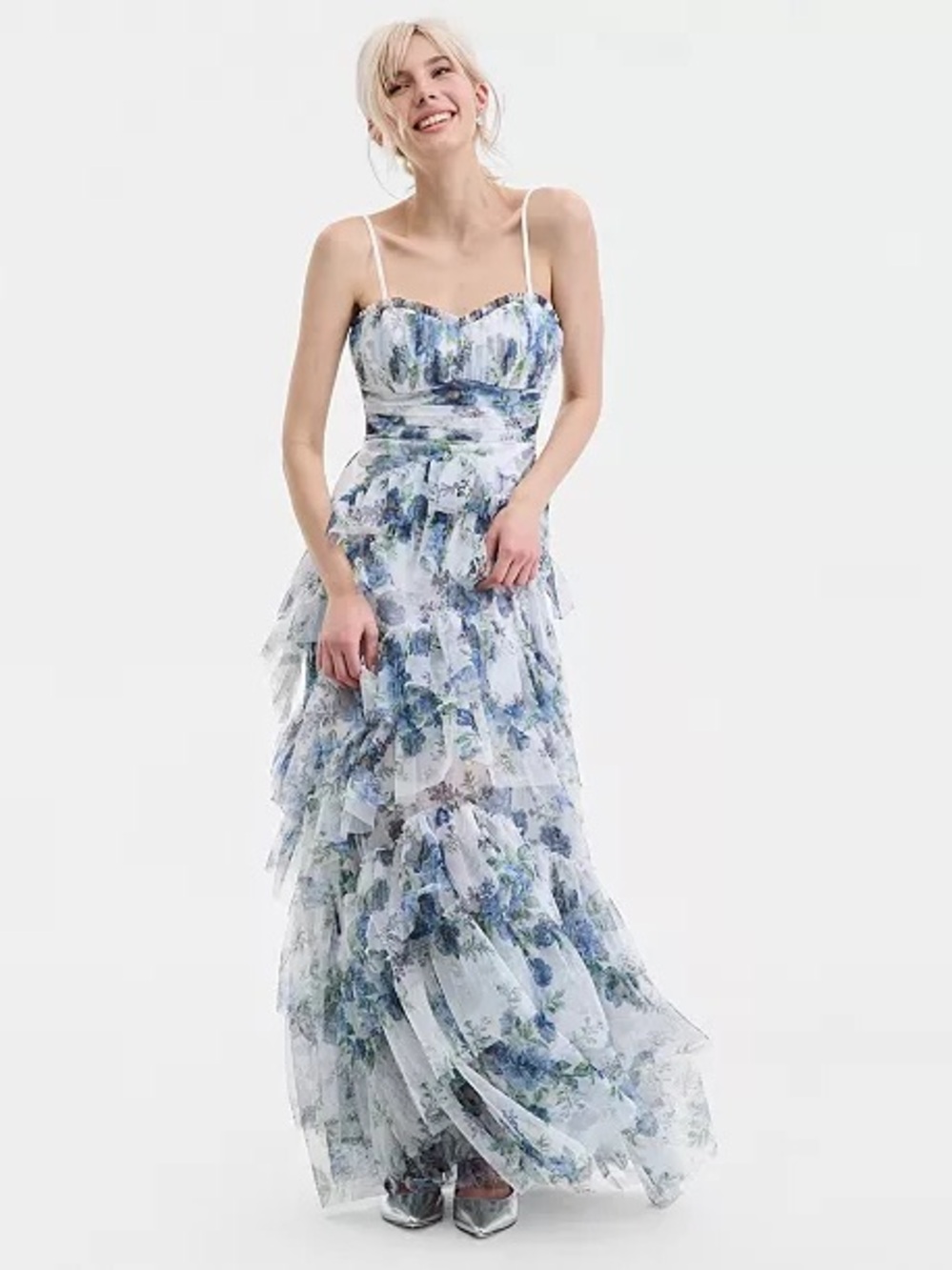 Pear Culture Floral Tiered Ruffle Maxi Dress - White Multi SIZE:9/10 MSRP $229